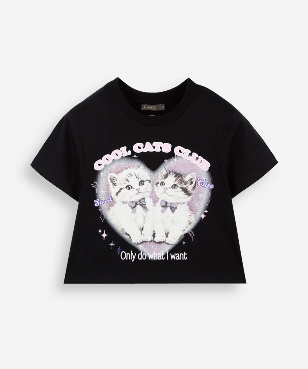 camiseta baby look juvenil de algodão manga curta estampada capricho preta