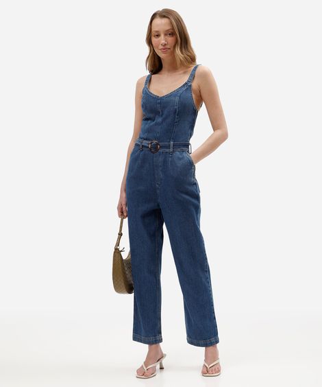 macacão feminino jeans com cinto azul