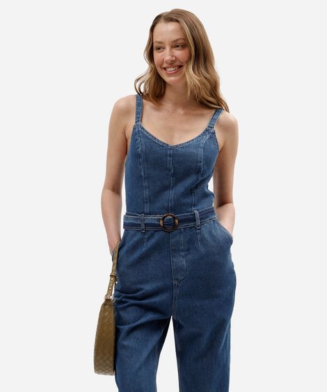 macacão feminino jeans com cinto azul