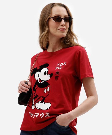 camiseta feminina de algodão manga curta mickey vermelha