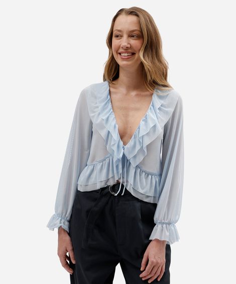 bata feminina de tule manga longa com babado azul