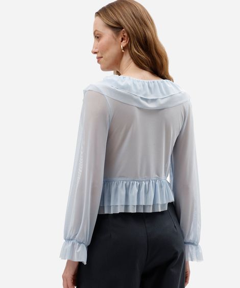 bata feminina de tule manga longa com babado azul