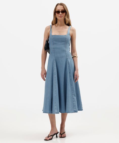 vestido midi feminino jeans decote quadrado azul
