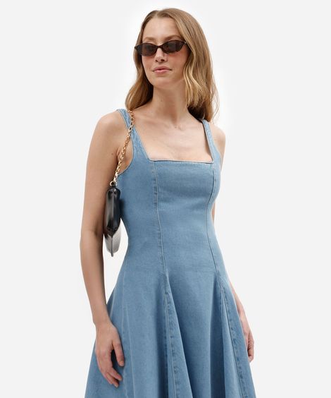 vestido midi feminino jeans decote quadrado azul