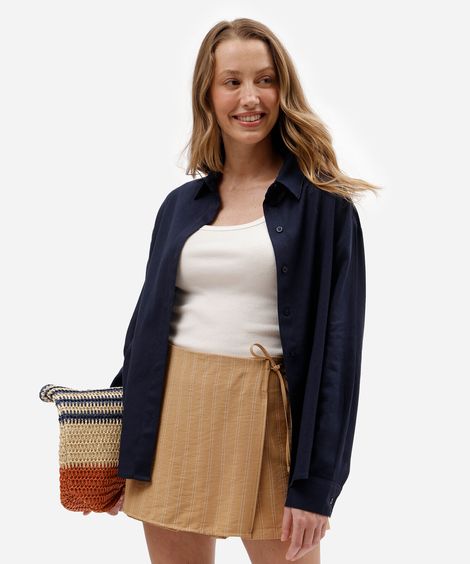 camisa oversized com linho manga longa azul