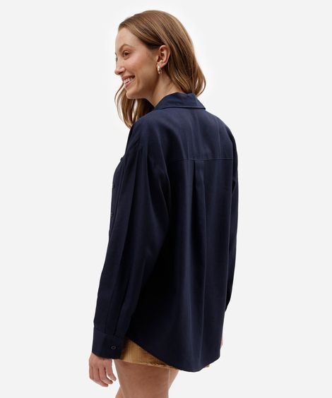 camisa oversized com linho manga longa azul