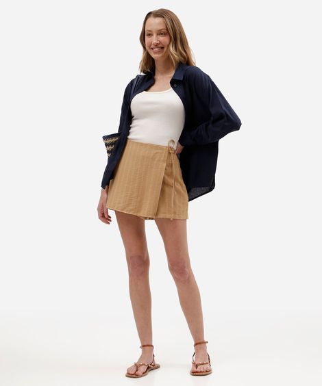 short saia feminino com viscose e amarração risca de giz marrom