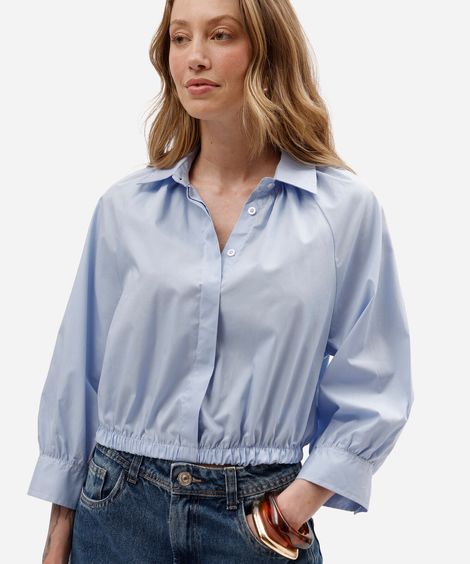camisa balonê feminina de algodão manga longa azul