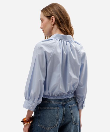 camisa balonê feminina de algodão manga longa azul