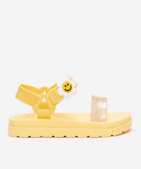 sandália infantil com brilho e margarida amarelo