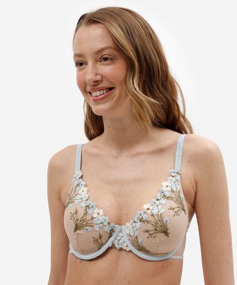 sutiã meia taça feminino com bordado floral azul