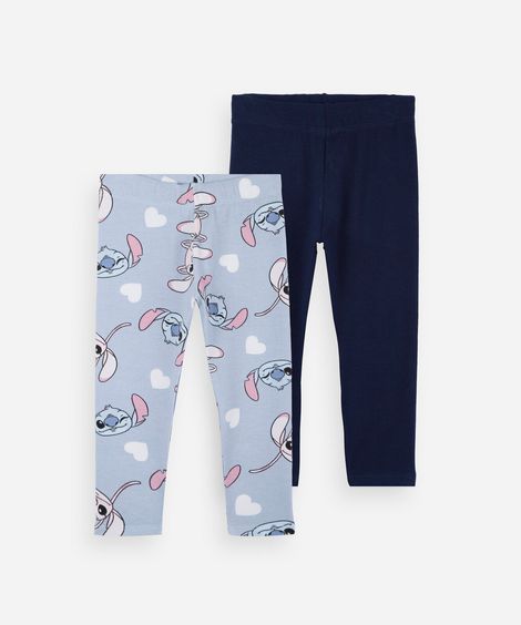 kit de 2 calça legging infantis de algodão stitch colorido