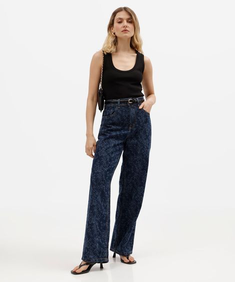 calça wide leg slim petit feminina jeans cintura alta floral azul