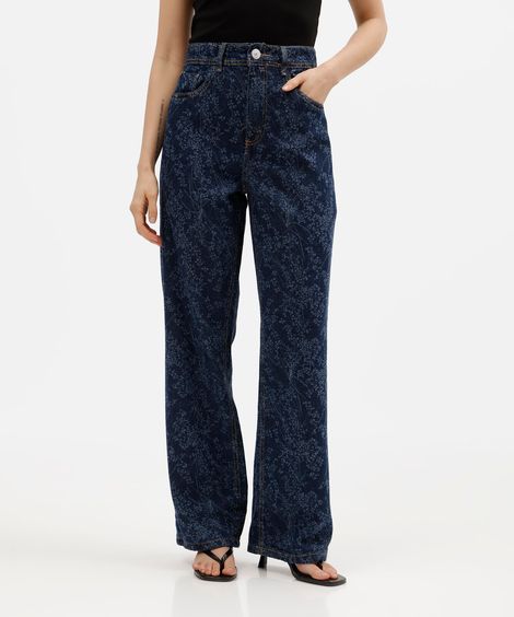 calça wide leg slim petit feminina jeans cintura alta floral azul
