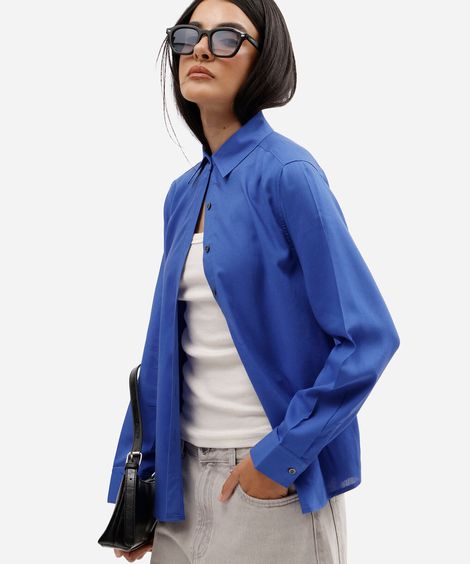 camisa oversized feminina com linho manga longa azul