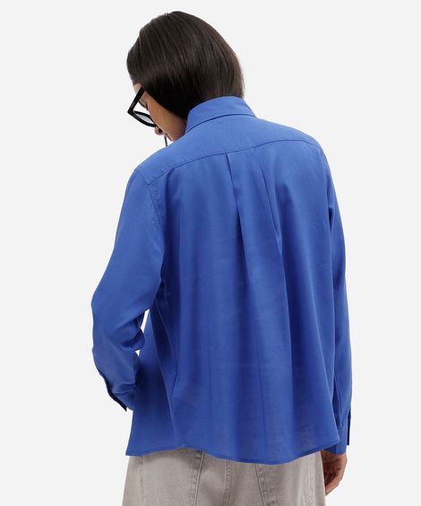 camisa oversized feminina com linho manga longa azul