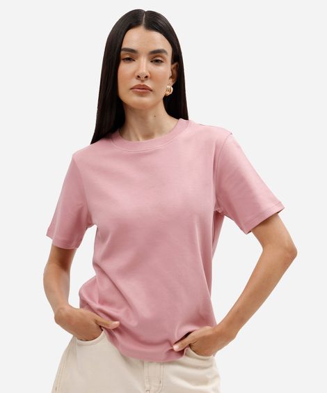 camiseta feminina de algodão peruano manga curta básica rosa