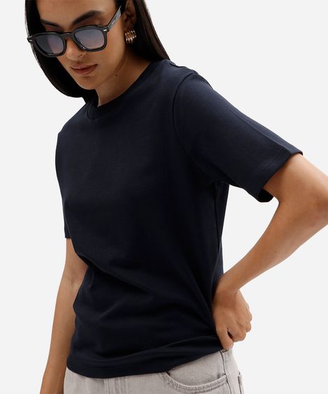 camiseta feminina de algodão peruano manga curta básica azul