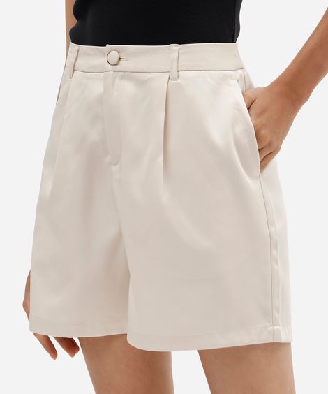 shorts feminino de alfaiataria com pregas bege