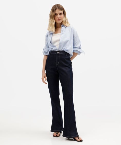 calça boot cut petit feminina jeans cintura alta com fenda sawary azul