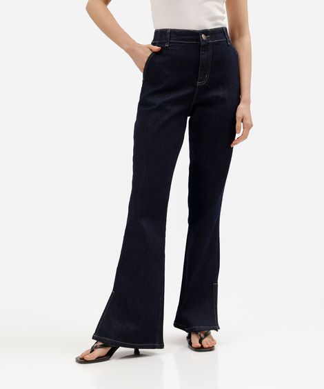 calça boot cut petit feminina jeans cintura alta com fenda sawary azul