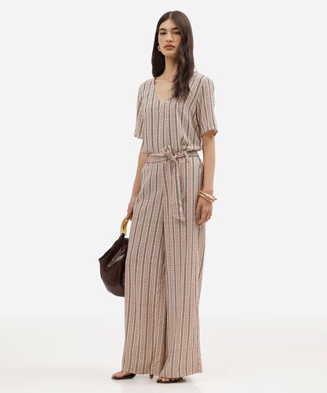 calça pantalona feminina com linho e faixa étnica bege
