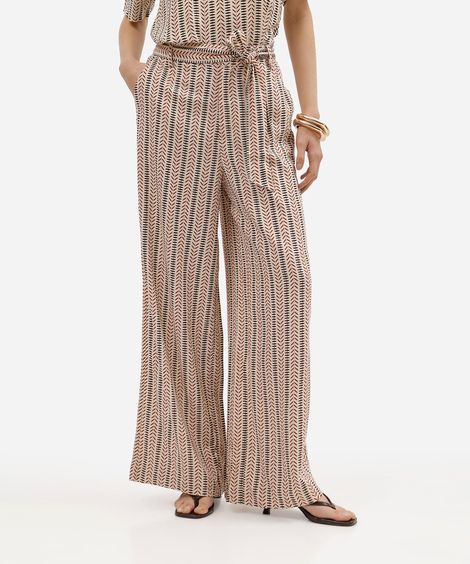 calça pantalona feminina com linho e faixa étnica bege
