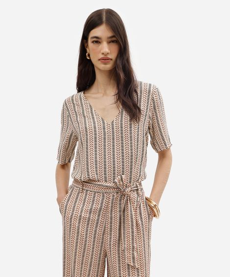 blusa feminina de viscose decote v manga curta étnica bege