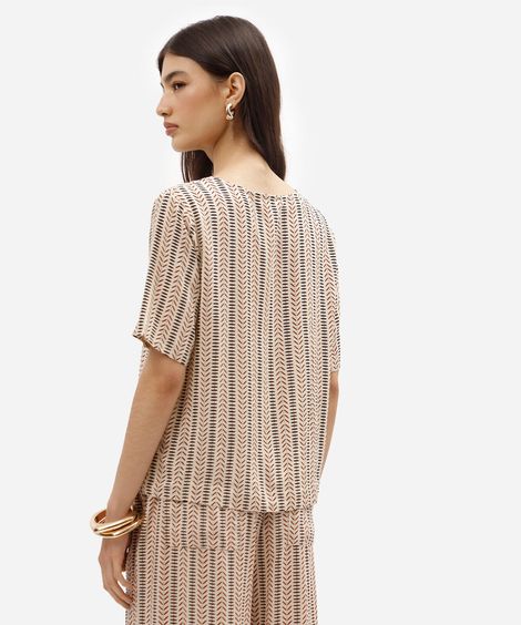 blusa feminina de viscose decote v manga curta étnica bege