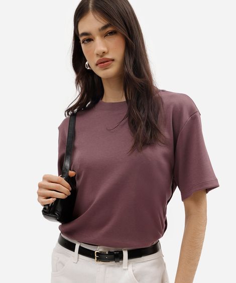 camiseta básica feminina de algodão peruano oversized com fendas roxa