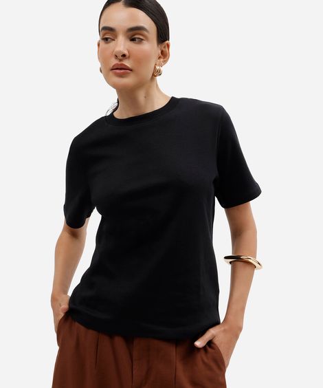 camiseta feminina de algodão peruano manga curta básica preta