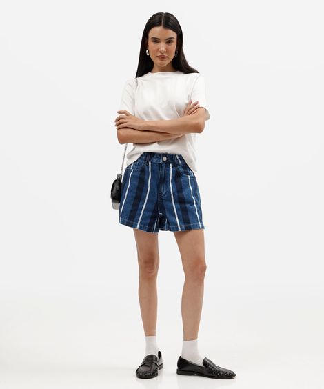 short boy feminino jeans cintura alta listrado azul