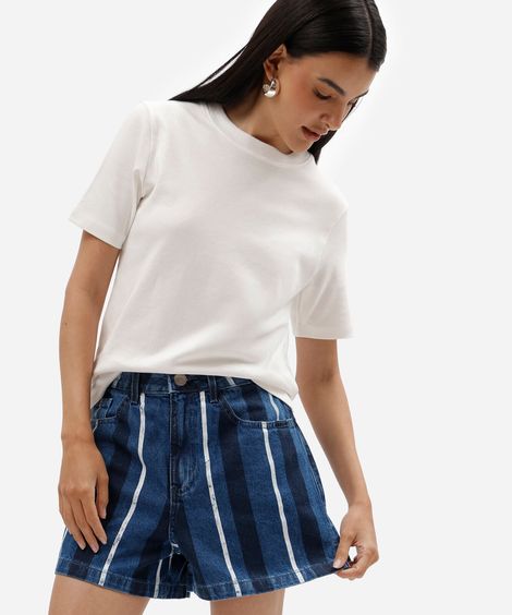 short boy feminino jeans cintura alta listrado azul