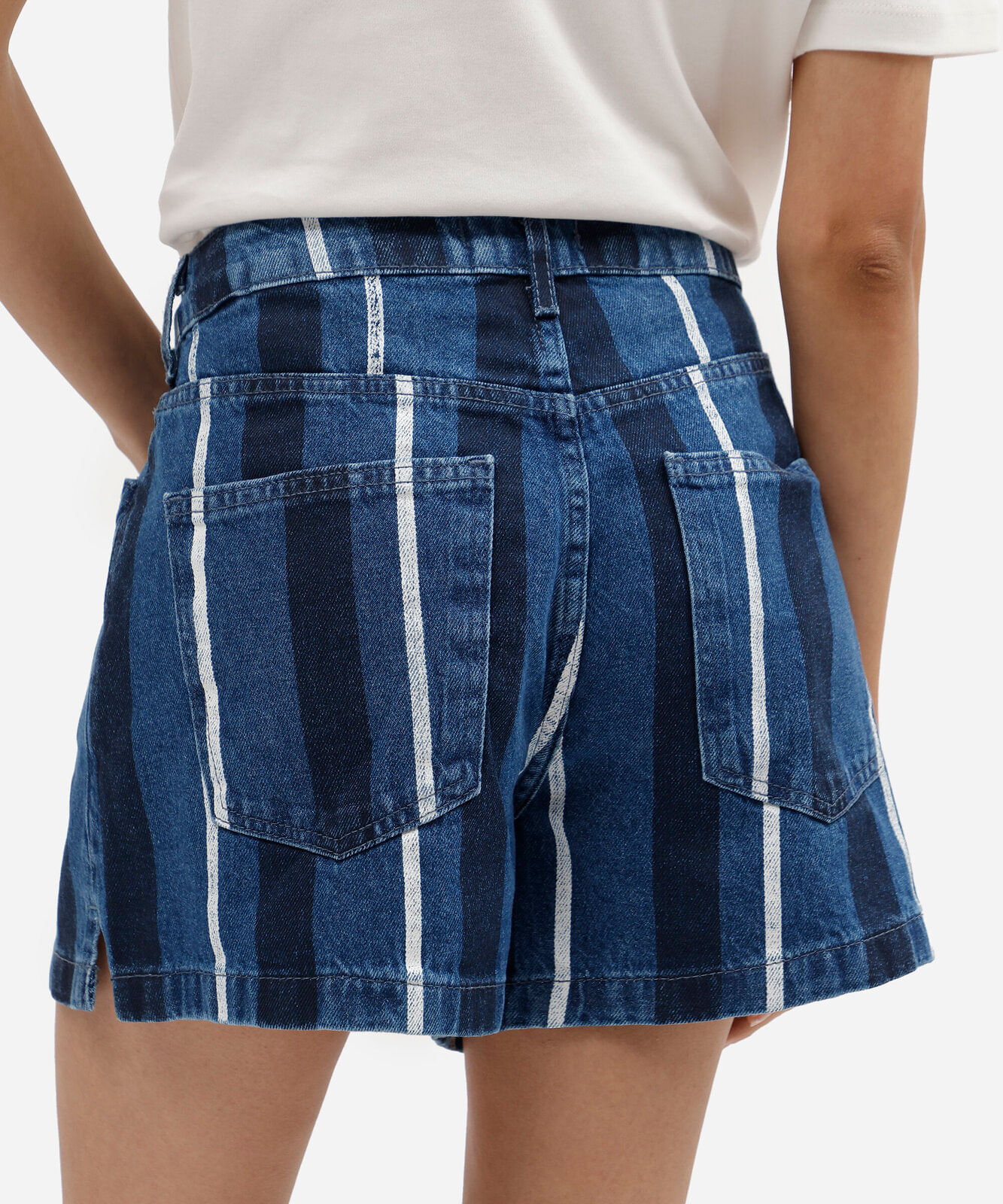 short boy feminino jeans cintura alta listrado azul