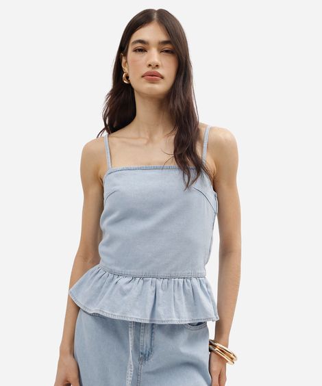 blusa peplum feminina jeans alça fina com lastex azul
