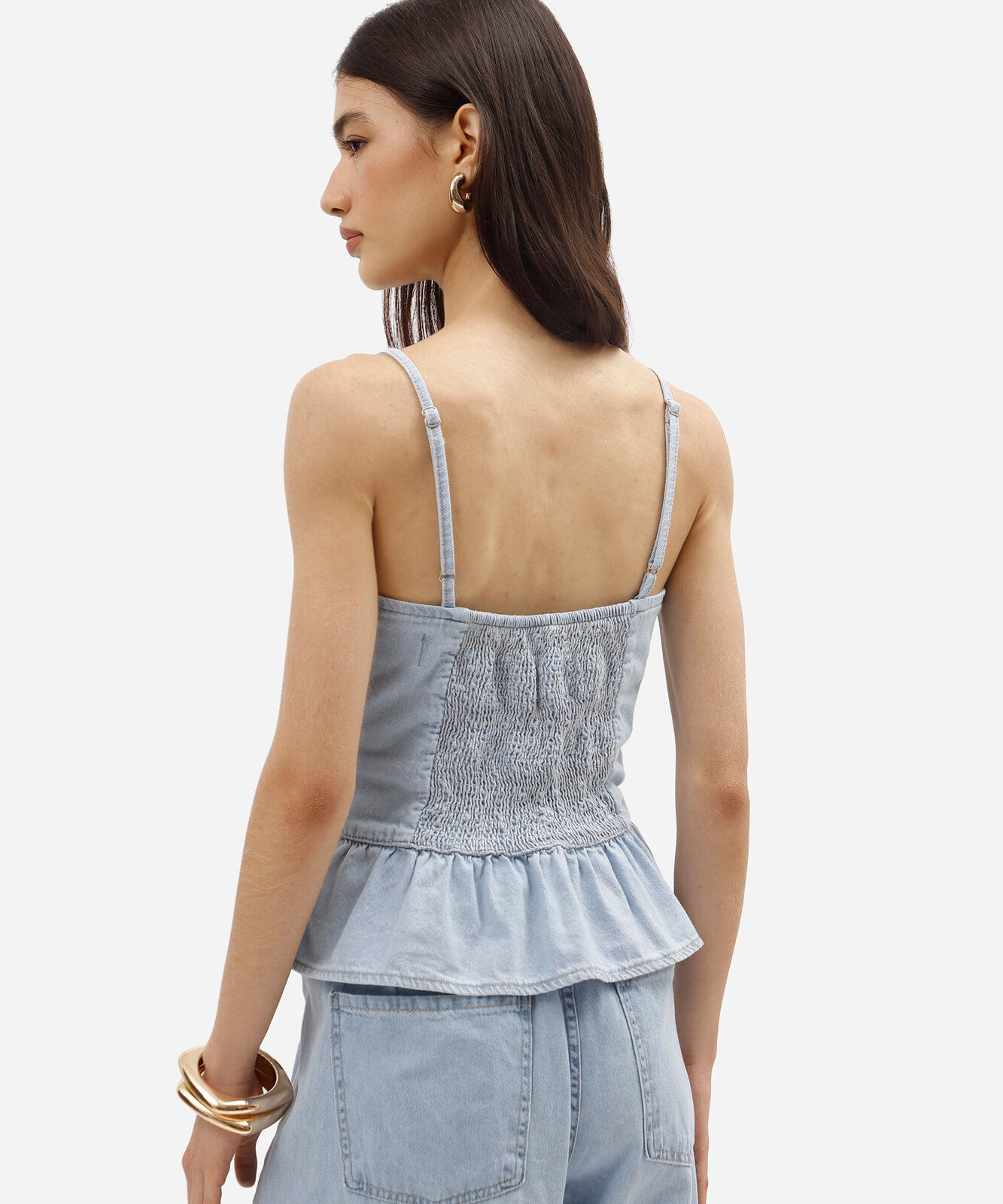 blusa peplum feminina jeans alça fina com lastex azul