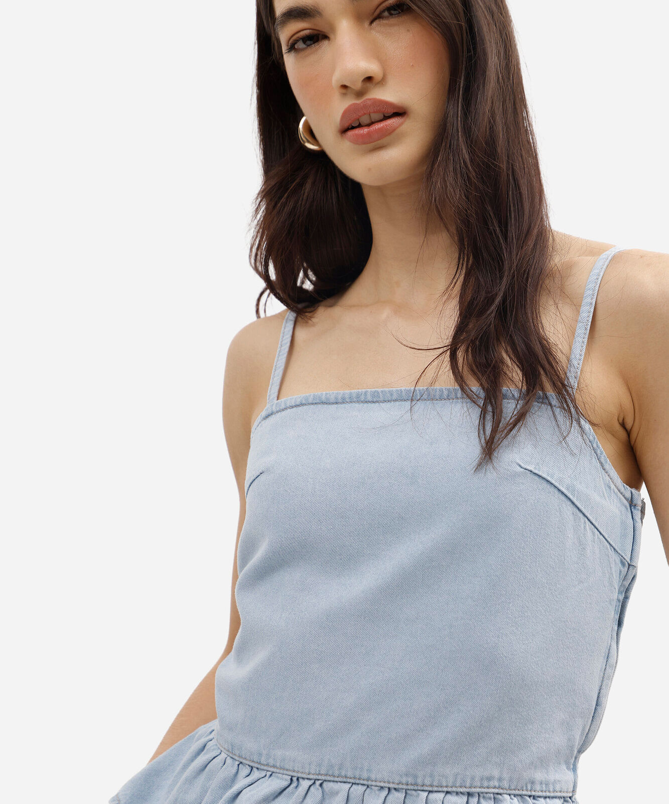 blusa peplum feminina jeans alça fina com lastex azul