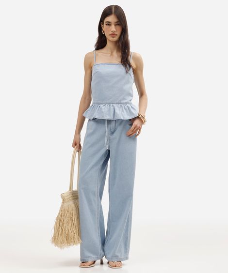 calça wide leg feminina jeans com cordão cintura alta azul