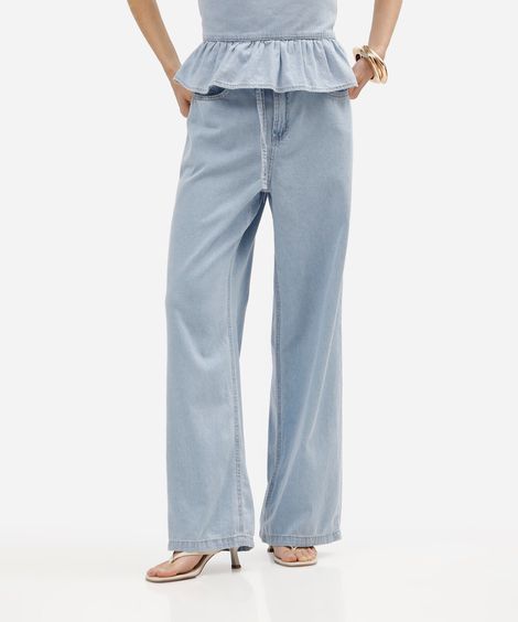 calça wide leg feminina jeans com cordão cintura alta azul