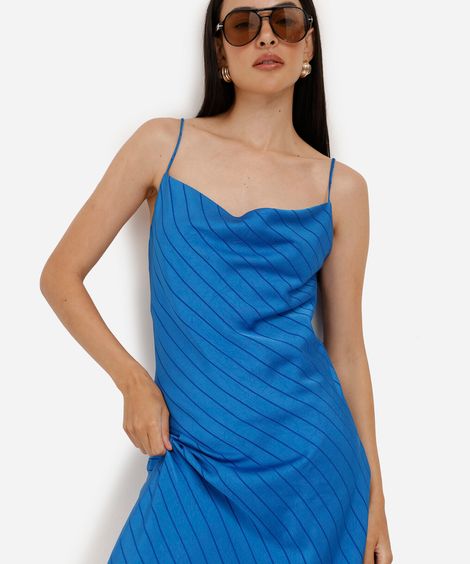 vestido longo slip dress feminino alça fina acetinado azul