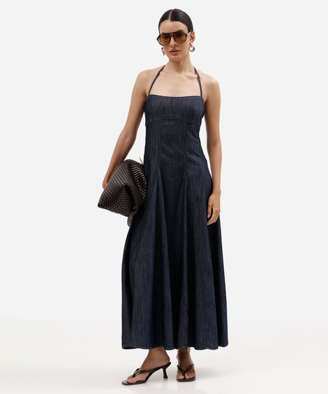 vestido midi feminino jeans frente única azul