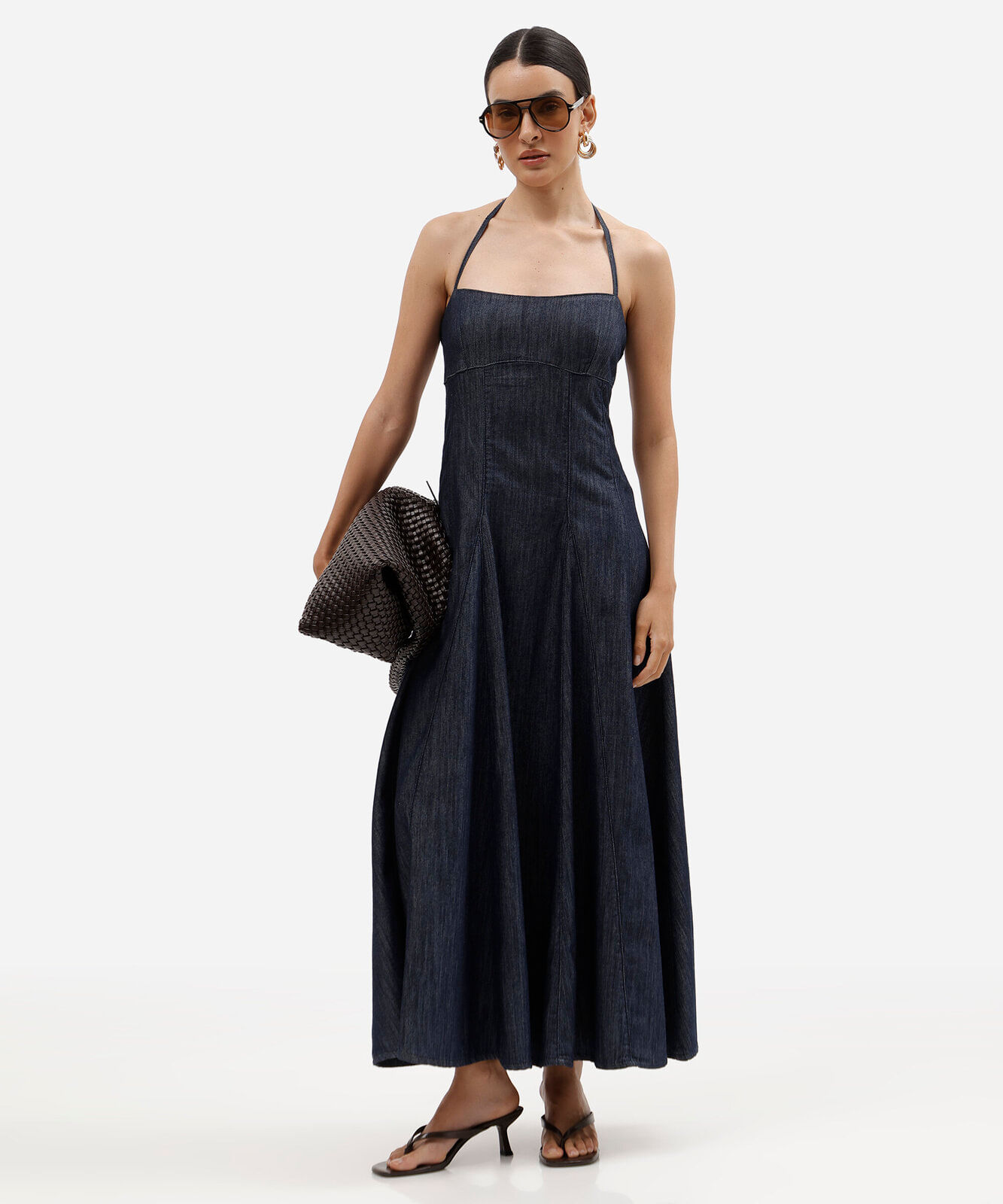 vestido midi feminino jeans frente única azul