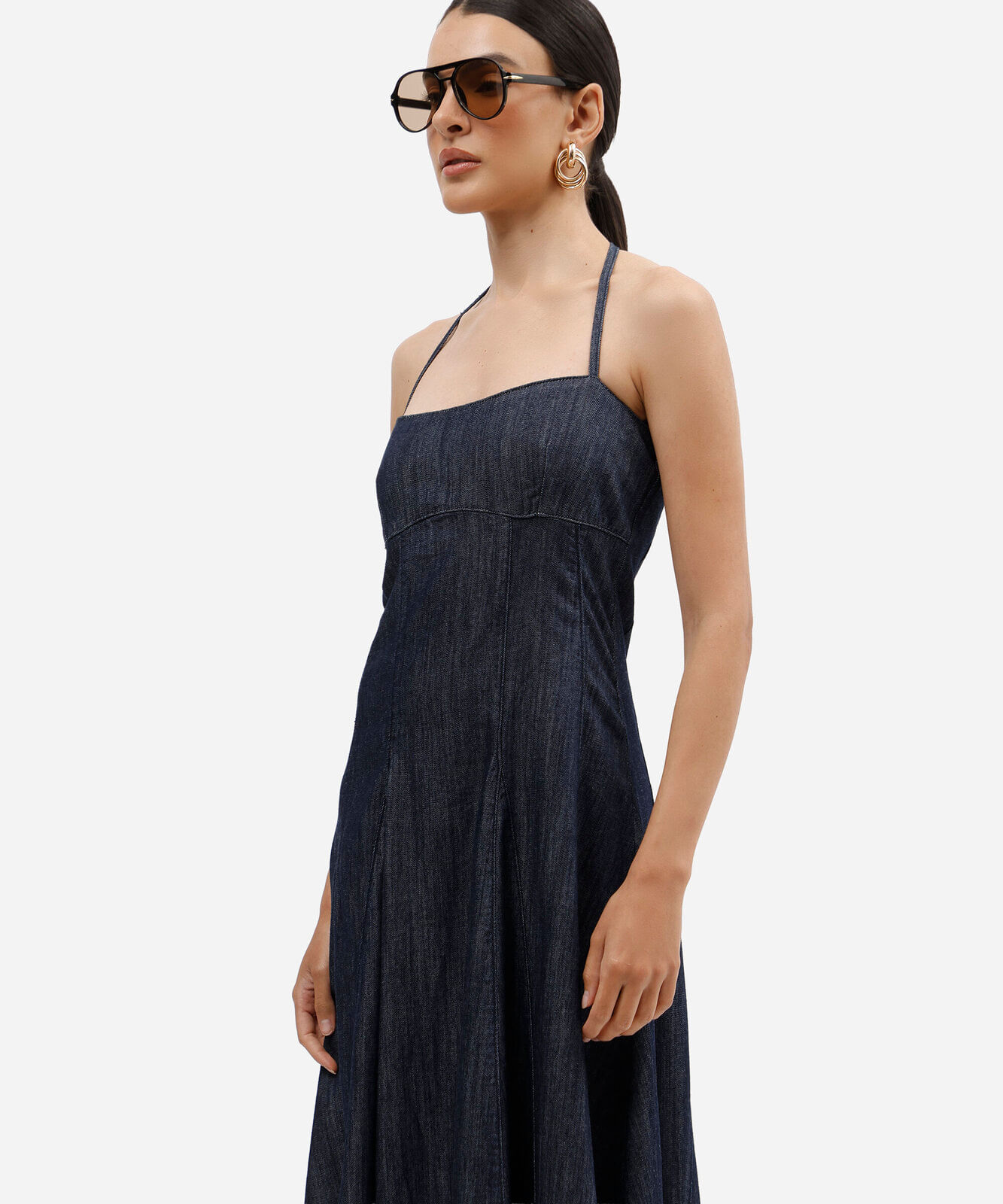 vestido midi feminino jeans frente única azul