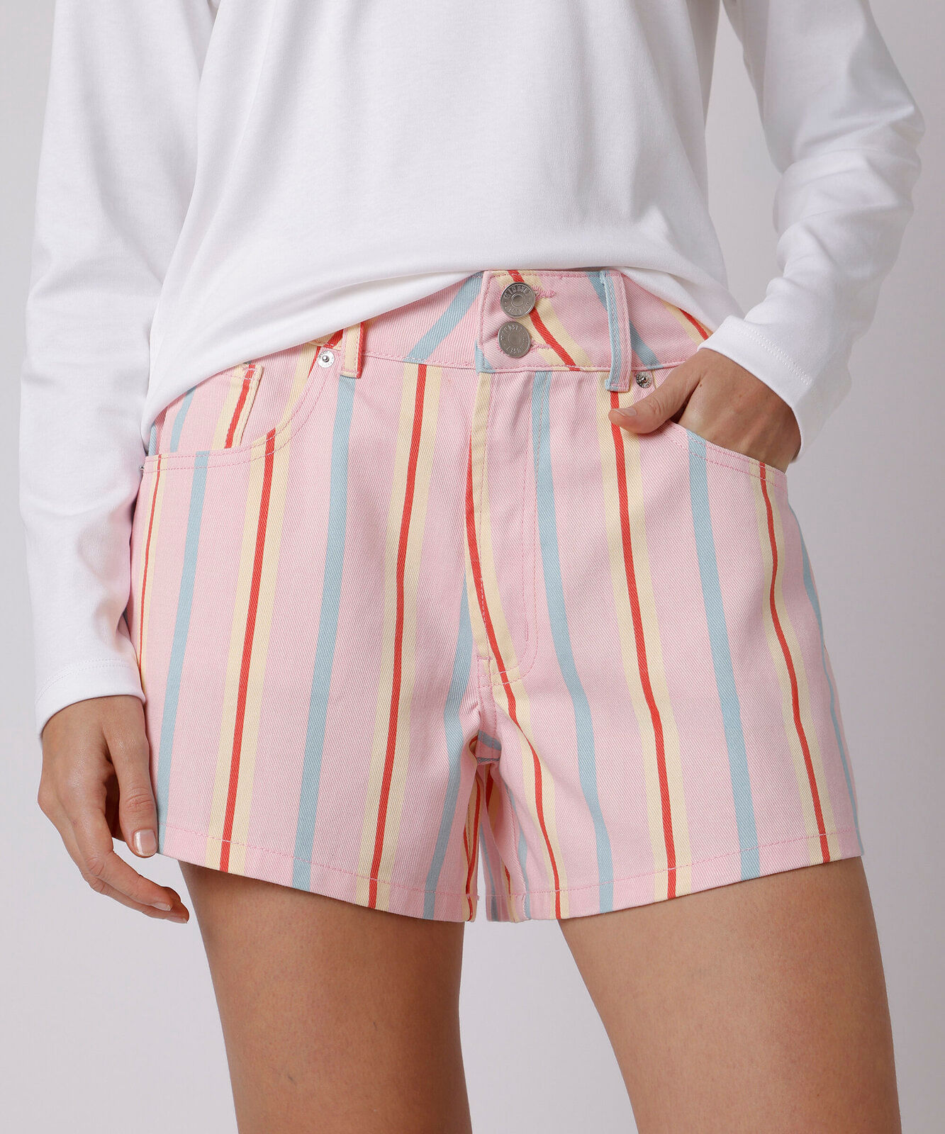 short feminino de sarja listrado mindset colorido