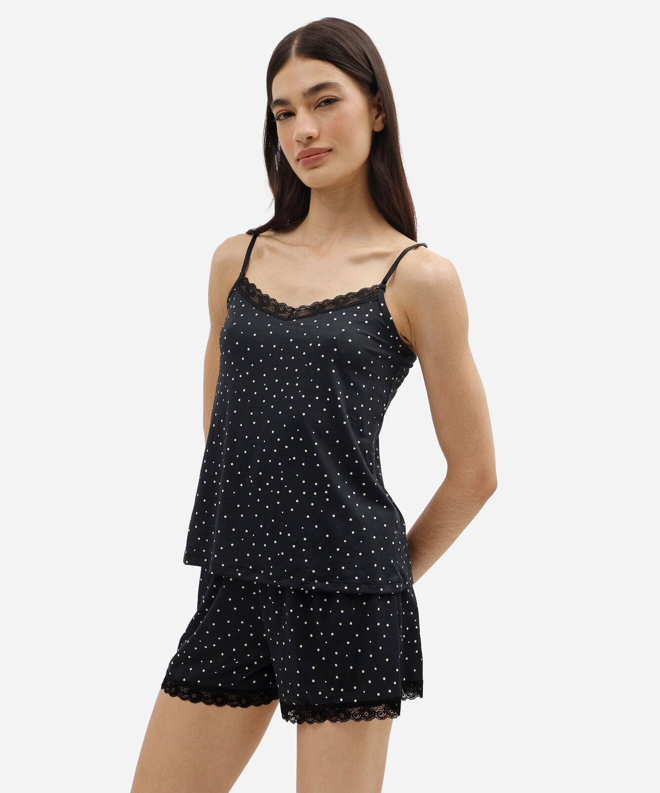 pijama short doll feminino com renda poá preto