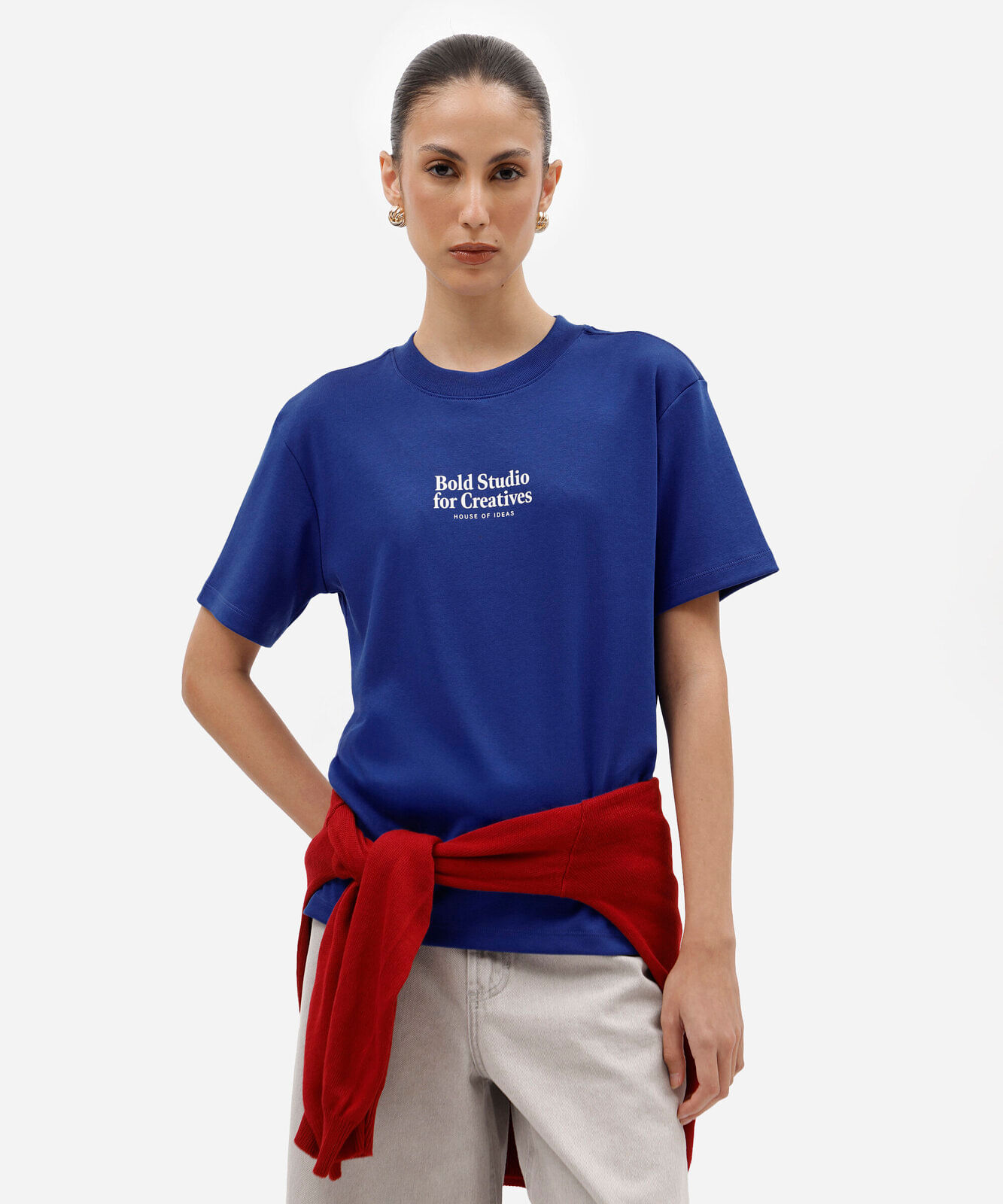 camiseta oversized feminina de algodão peruano manga curta estampada azul