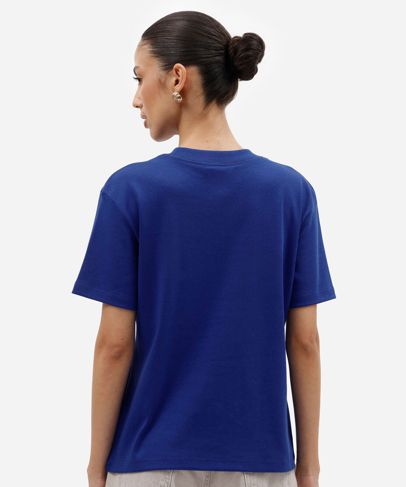 camiseta oversized feminina de algodão peruano manga curta estampada azul