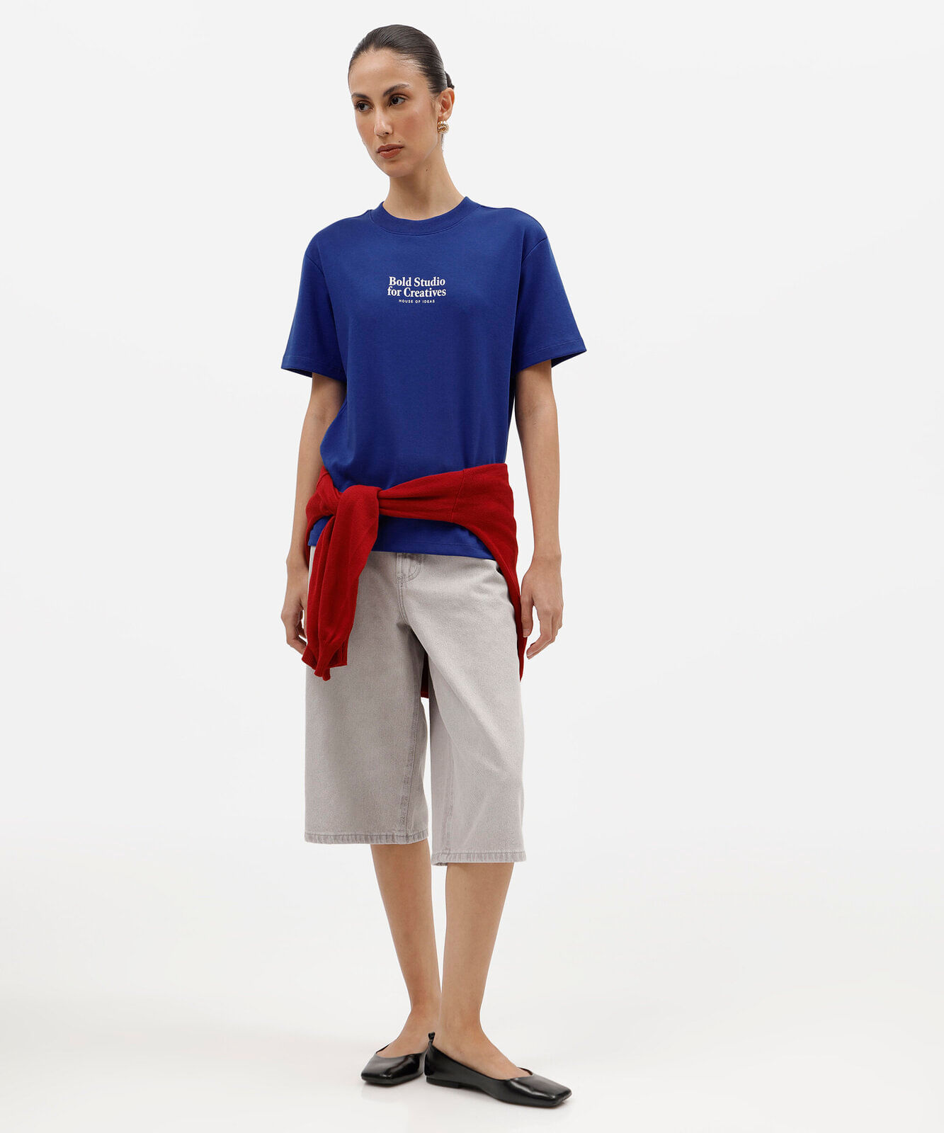 camiseta oversized feminina de algodão peruano manga curta estampada azul