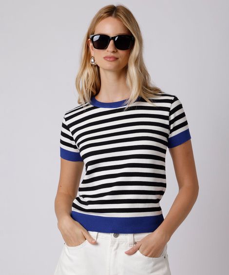 blusa feminina de tricot manga curta listrada mindset azul