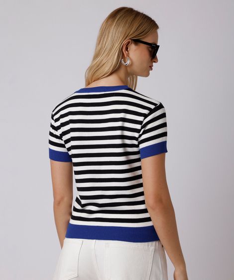 blusa feminina de tricot manga curta listrada mindset azul